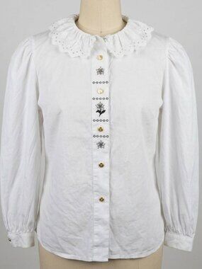 Vintage Alphorn Trachtenmode Embroidered Eyelet Ruffle Blouse White Size 42